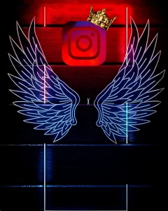 Instagram editing background with wing download in high quality, there is a neon wing in the wall and an Instagram logo in the background.