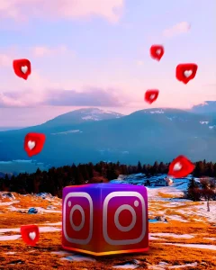 Instagram hd photo background download, there's a cube of Instagram icon and many likes button in the background.